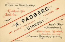711194 Visitekaartje van het filiaal A. Padberg van de Gebr. Padberg, in Huishoudelijke Artikelen, enz., Schoutenstraat ...
